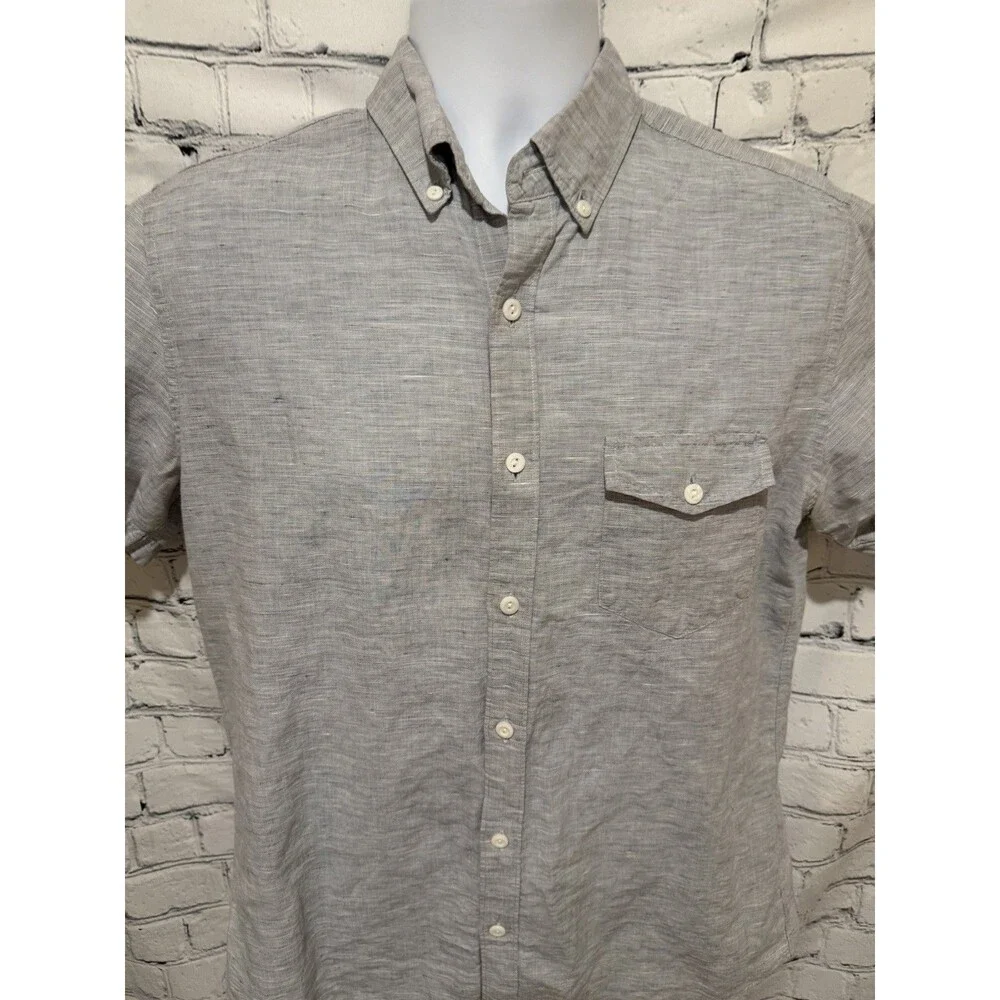 J Crew Linen Short Sleeve Shirt Mens Medium Classic Fit Baird McNutt Blue Irish